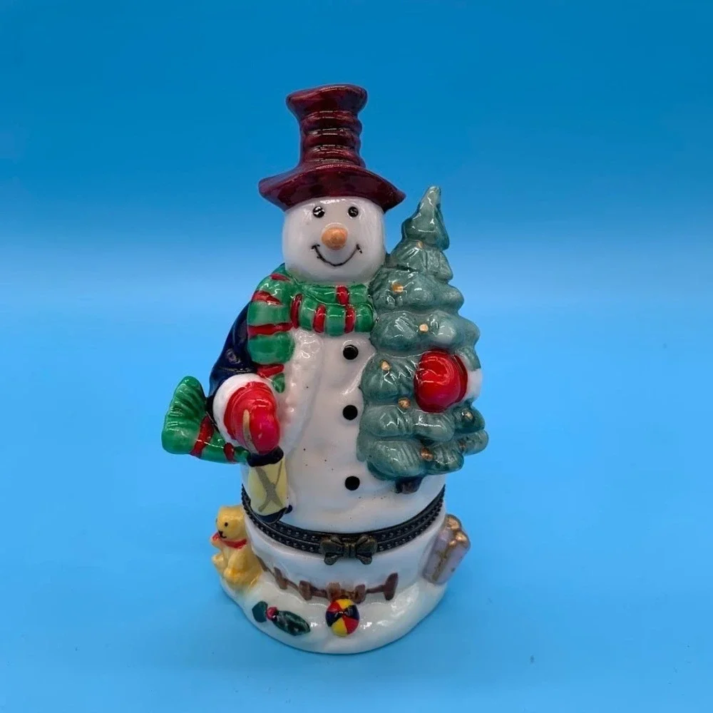 Christmas Snowman Holding Tree Holiday Ceramic Trinket Box Figurine